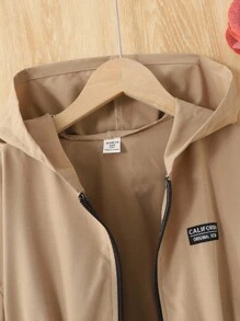 SHEIN 青少年女孩休闲街头服饰时尚法式优雅英伦学院风字母刺绣贴片宽松落肩长袖连帽撞色拉链抽绳腰部大口袋长款羽绒服夹克风衣 - 卡其色 - 查看 5