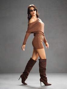 CUCCOO SZL Rhinestone Pointed Toe Ruched Over-The-Knee High Heeled Boots, Fashion Date Night Party Outfit For Christmas - Mocha Brown - View 6