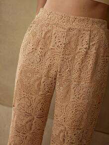 MOTF PREMIUM GUIPURE LACE WIDE LEG SUIT PANTS - Coffee Brown - View 2