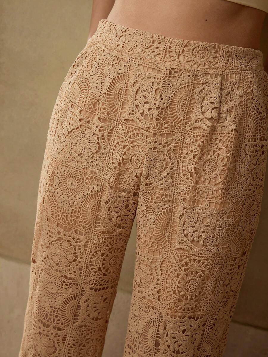MOTF PREMIUM GUIPURE LACE WIDE LEG SUIT PANTS - Coffee Brown - View 2