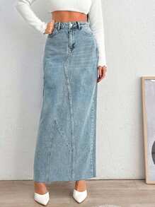 SHEIN Cottnline High Waist Back Slit Denim Skirt Stylish Casual - Medium Wash - View 3