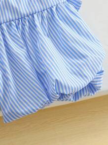 Set da 2 pezzi a righe blu e bianche per ragazze pre-adolescenti, carino outfit scolastico autunnale per il ritorno a scuola, camicia a maniche lunghe con fiocco 3D e gonna, casual per vacanze - Blu - Visualizzare 7