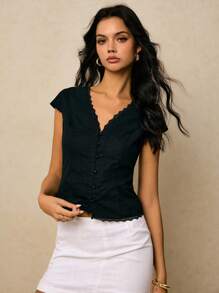 Poéselle 女式夏季休闲纯色蕾丝边衬衫 - 黑色 - 查看 2