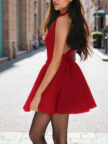 SHEIN Privé 女式夏季纯色挂脖荷叶边下摆迷你连衣裙