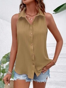 SHEIN LUNE 夏季无袖休闲纯色衬衫 - 卡其色 - 查看 6