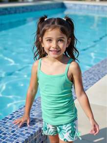 2pcs/Set Young Girl Fashionable Comfy Mint Green Camisole & Leaf Printed Shorts Set, New - Mint Green - View 3