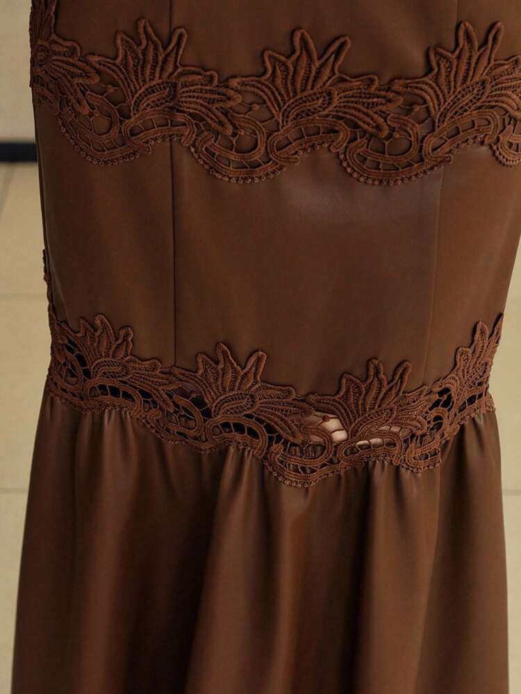 CONTRAST GUIPURE LACE PU LEATHER DRESS