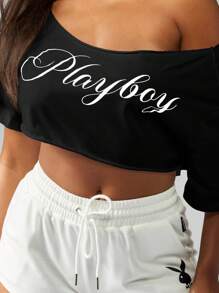 Missguided x Playboy 露肩文字标志短款上衣女式长袖时尚镂空设计时尚休闲春夏秋季街头服饰 - 黑與白 - 查看 6