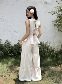 SHEIN 青少年女孩优雅通勤休闲米色套装，背部蝴蝶结设计 - 杏色 - 查看 6