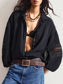 Bohemela 大码纯色简约镂空长袖衬衫，休闲日常穿着