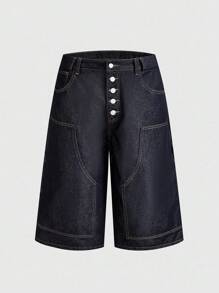 ROMWE MEN Street Life Men's Button Front Pockets Wide Leg Loose Casual Capri Denim Jeans - Blue - View 6