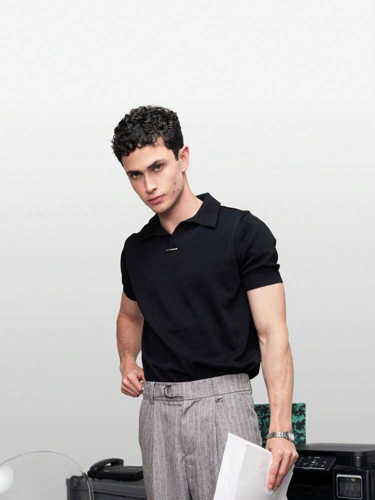 メンズ 無地 クルーネック 半袖ニットトップ、夏、学校