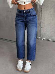 EURMUSE 低腰斜口袋雪花洗直筒牛仔裤 - 深色水洗藍 - 查看 5