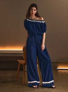 SHEIN Essnce Casual Relaxed Dark-Wash Denim Set, Versatile Resort-Style For Women, Spring/Summer - Blue - View 7