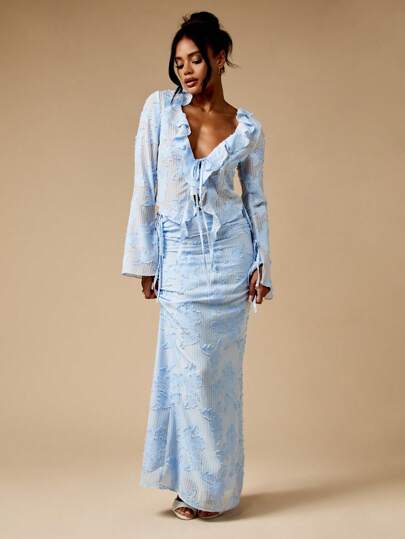 MISSGUIDED Elegant Ruffle Trim Long Sleeve Maxi Two Piece Gingham Wedding Guest Special Occasion Holiday Party Evening Set Formal Event Floor Length