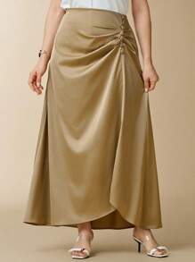 SHEIN Clasi Plus Size Women Khaki Satin Ruched Waist Buttoned Skirt, Elegant For Party, Cocktail, Wedding Fall Women Clothes Fall Clothes Fall Women Outfits