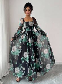 Modelyn 女式方领灯笼袖抽绳腰飘逸宽下摆网眼花卉印花浪漫优雅长裙，适合度假、婚礼、派对 - 彩色 - 查看 3