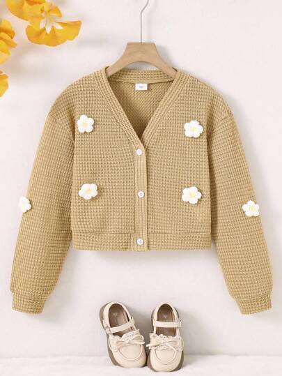 SHEIN Sparklyn Tween Girls Long Sleeve Casual Floral Print Knitted Yellow Cardigan Zip Up Jacket, Autumn,Holiday,Summer,Travel Fall Winter, Back To School, For Girls