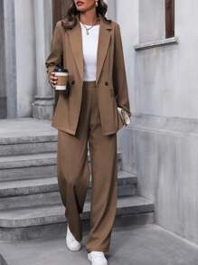 Lumivelle Completo casual da donna con giacca e pantaloni, colore tinta unita, collo a bavero, maniche lunghe. Tailleur pantalone marrone, giacca e pantaloni, set da donna in due pezzi, adatto per l'autunno. - Caffè Marrone - Visualizzare 3