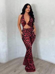 SHEIN SXY Women's Leopard Print Backless Deep V-Neck Jumpsuit - Red - View 5