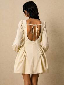 Poéselle Elegantes, einfarbiges Minikleid mit Laternenärmeln und geraffter Taille für Damen, Herbstkleider für Damen, Freizeitkleider, Büro-Outfits für Damen, Business-Casual-Damen, klassische Outfits für Damen, Old-Money-Style für Damen, Herbst-Outfits für Damen - Beige - Übersicht 1