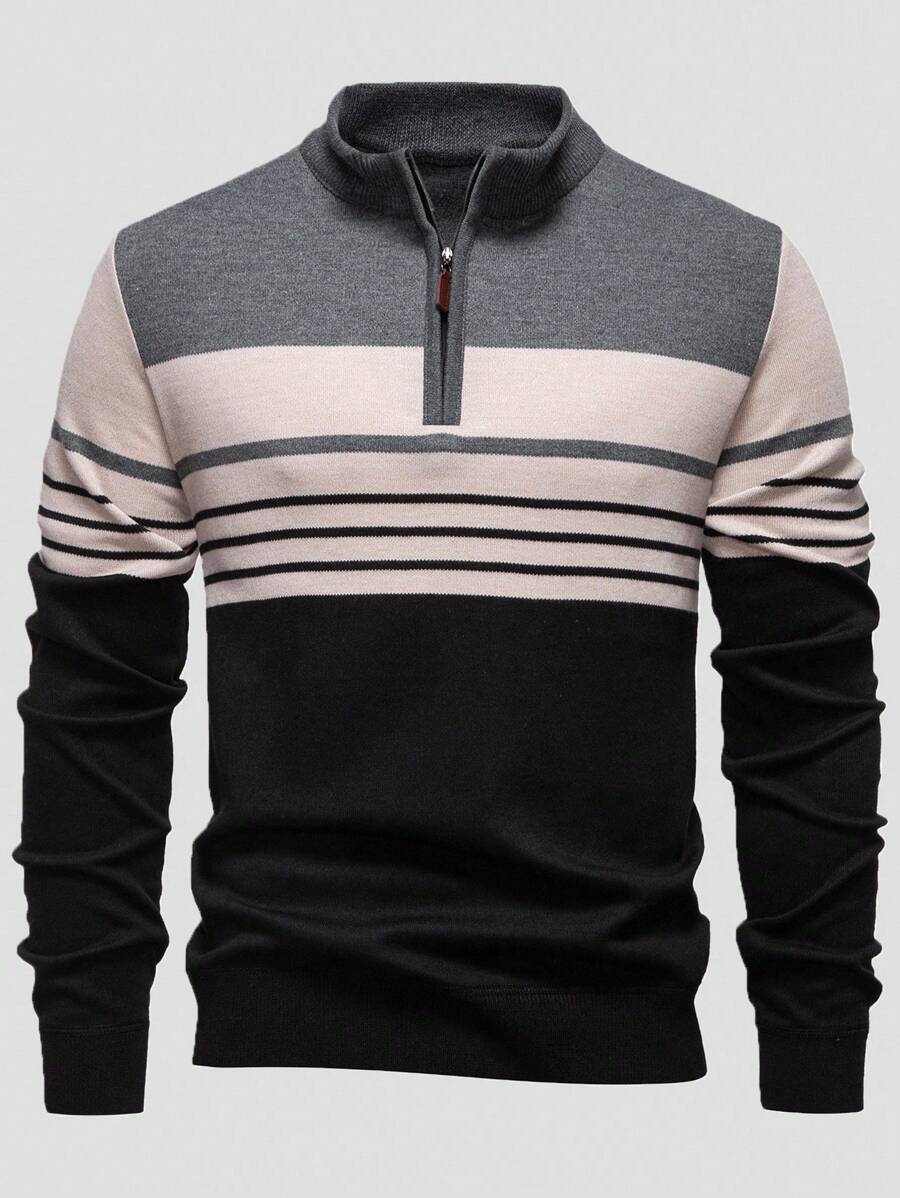Manfinity Mode Men's Striped Half-Zip Casual Knit Sweater , Fall Winter, Long Sleeve Top - Black - View 1