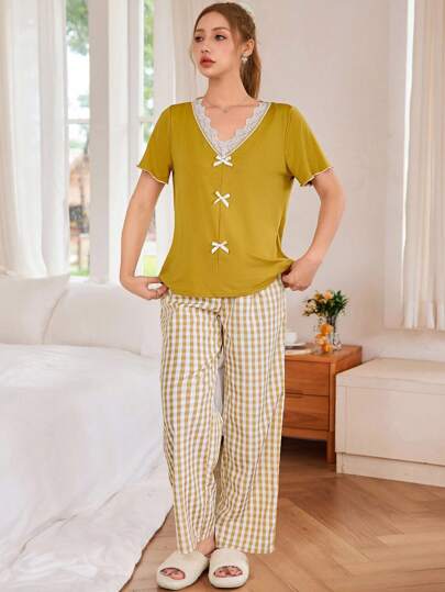 Dream Adore 2 件套女士蕾丝 V 领短袖上衣和编织格子长裤睡衣套装