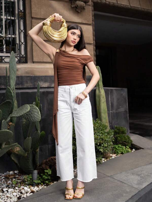 SHEIN X ELOISA & ORSON SHEIN MOD Pantalones rectos de pana blanca con cintura alta, detalles de botones y bolsillos parche