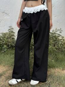 SHEIN Teen Girls' Relaxed Casual Solid Color Splicing Lace Trim Decor Loose Pants