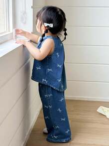 SHEIN 2件套女婴白色蝴蝶结装饰蓝色牛仔背心和裤子套装 - 深色水洗藍 - 查看 7