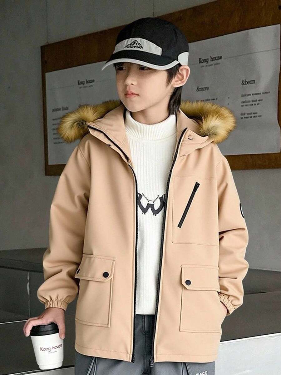 SHEIN Tween Boy 休闲复合保暖内衬连帽中长款重磅风衣夹克,适合学校、花园、海滩、生日派对、春夏秋冬 - 白色 - 查看 1