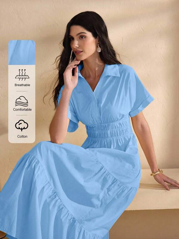 Graceveil Vestido sólido con cuello casual, plisado y cintura elástica