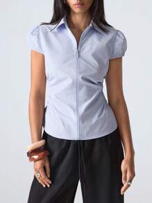 LYSMO Camisa casual de mujer con mangas dolman, cremallera en la solapa y fruncido