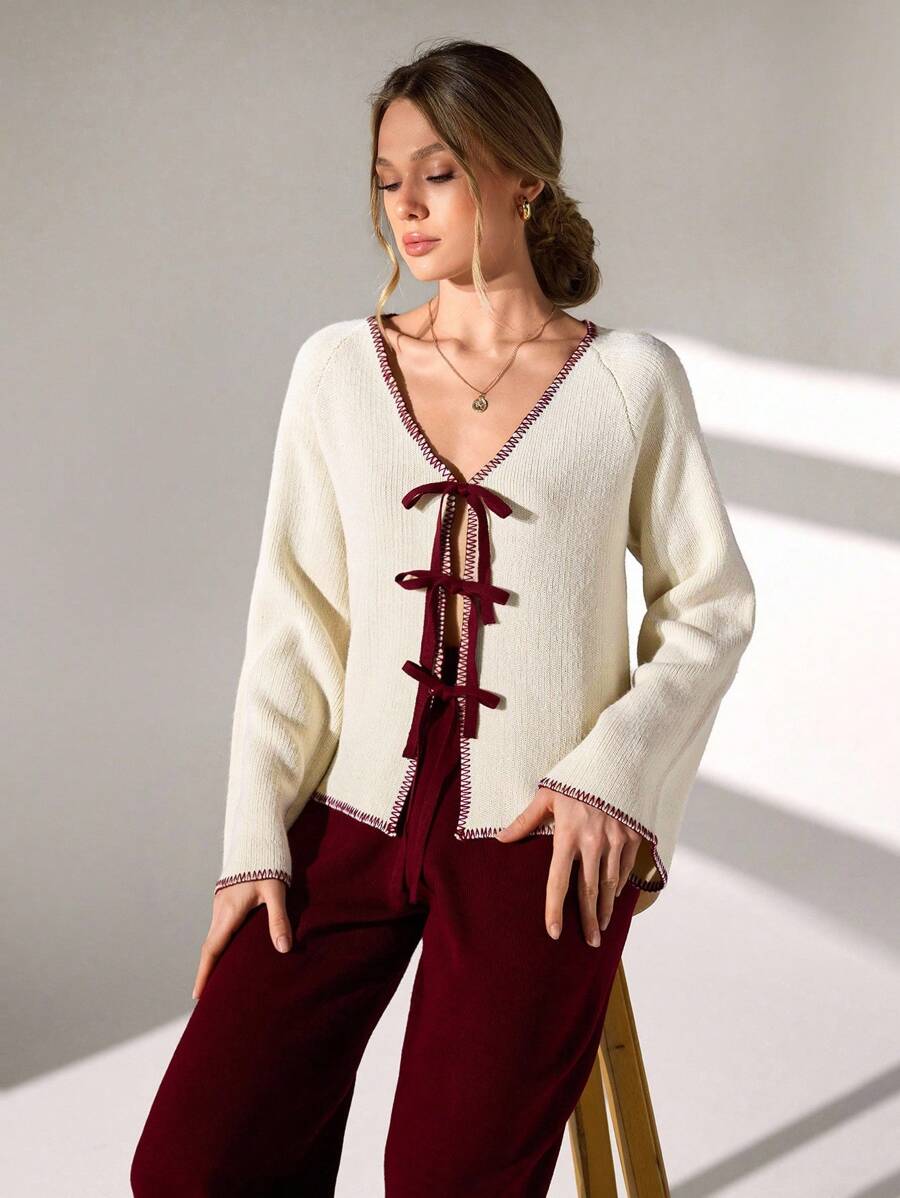 CLARA VERO Elegant V Neck Contrast Color Bow Tie Front Flare Sleeve Sheperd Hand Made Stitched Cardigan Tie Front Sweater,Cardigans For Women,Long Cardigans Woman,Petite Cardigans,Cardigans - Apricot - View 1