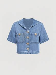 SHEIN MOD Women's Casual Washed Denim Jacket With Navy Collar Nautical Holiday Style Sailor Collar Buttoned Denim Jacket - Blue - View 1