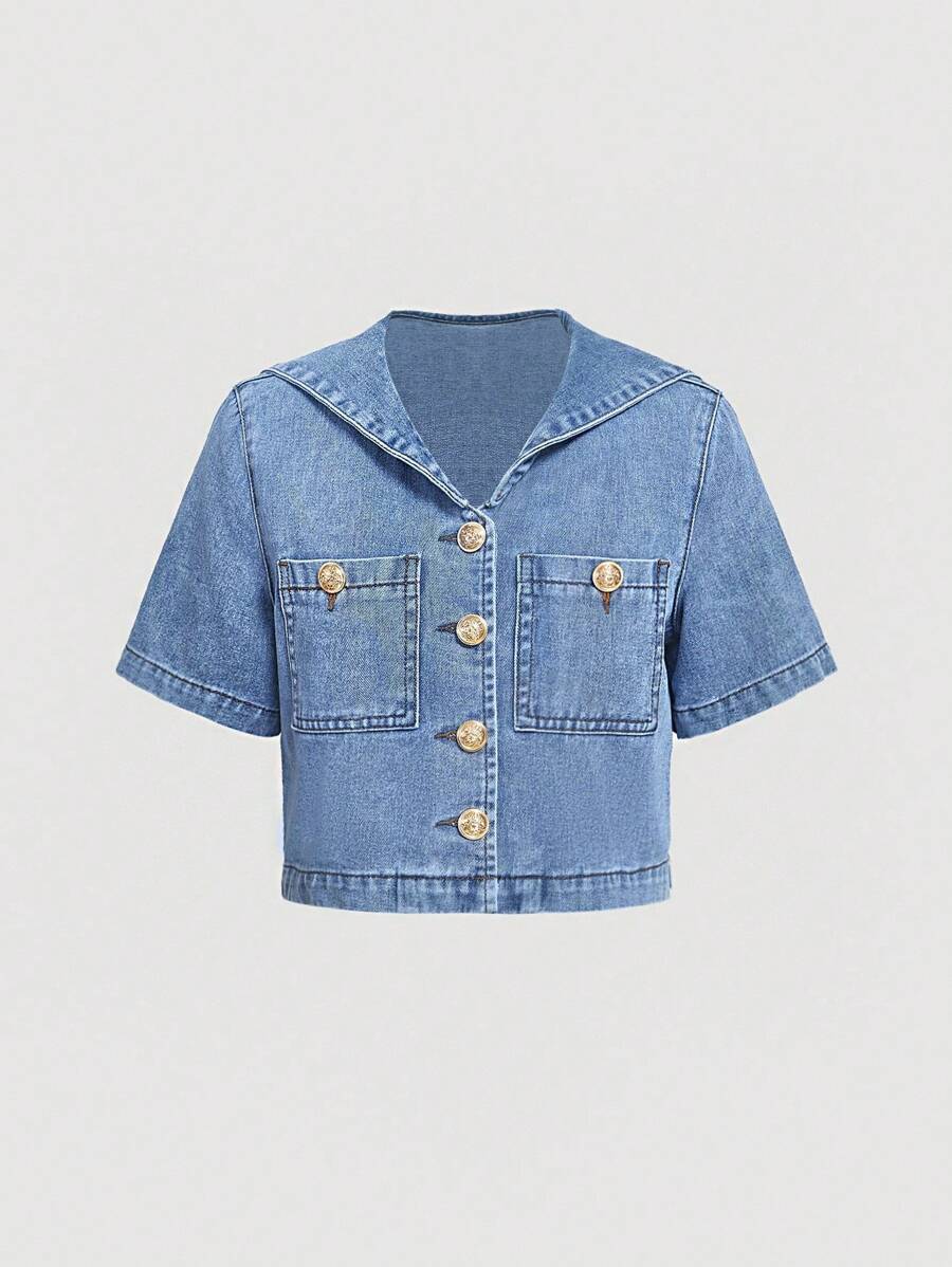 SHEIN MOD Women's Casual Washed Denim Jacket With Navy Collar Nautical Holiday Style Sailor Collar Buttoned Denim Jacket - Blue - View 1