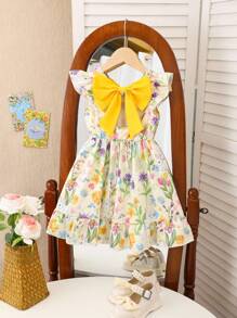 SHEIN Girls Elegant Floral Print Round Collar Flutter Sleeve Hollow Back Bow Decor Waist Ruffle Hem Casual Fashionable Dress, Suitable For Vacation/Travel In Summer Girls Floral Bow Dress Yellow Floral Girls Dress Girl Floral Dress Little Girl Floral Dress Girls Bow Dress Summer Holiday - Yellow - View 2