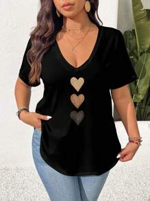 SHEIN Frenchy Plus Size Women's Black V-Neck T-Shirt With Colorful Heart Print Pattern, Summer Casual Resort Suitable For Going Out Heart Shirt V Neck Tops V Neck Blouses For Women Cute Short Sleeve Tops V Cut Top