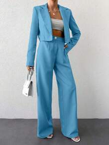 SHEIN Cottnline Women Solid Color Blazer And Pants Suit - Baby Blue - View 3