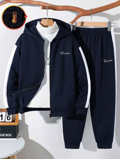 Set de 2 piezas informal de todos los días para niño preadolescente: sudadera con capucha y pantalón jogger de punto de color contrastante y patchwork cómodo