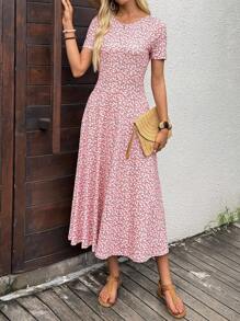 SHEIN LUNE 女式夏季假日碎花圆领短袖连衣裙 - 粉色 - 查看 3