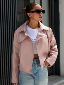 EURMUSE Faux Leather Jacket With Snap Button Front, Pink, Street Style - Pink - View 5