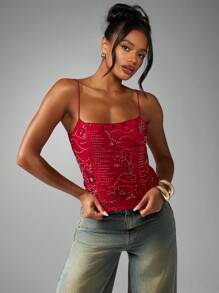 MISSGUIDED 装饰派对吊带上衣 水晶串珠晚装 细肩带 闪亮 特殊场合 夜间外出 优雅背心 - 橘色 - 查看 1