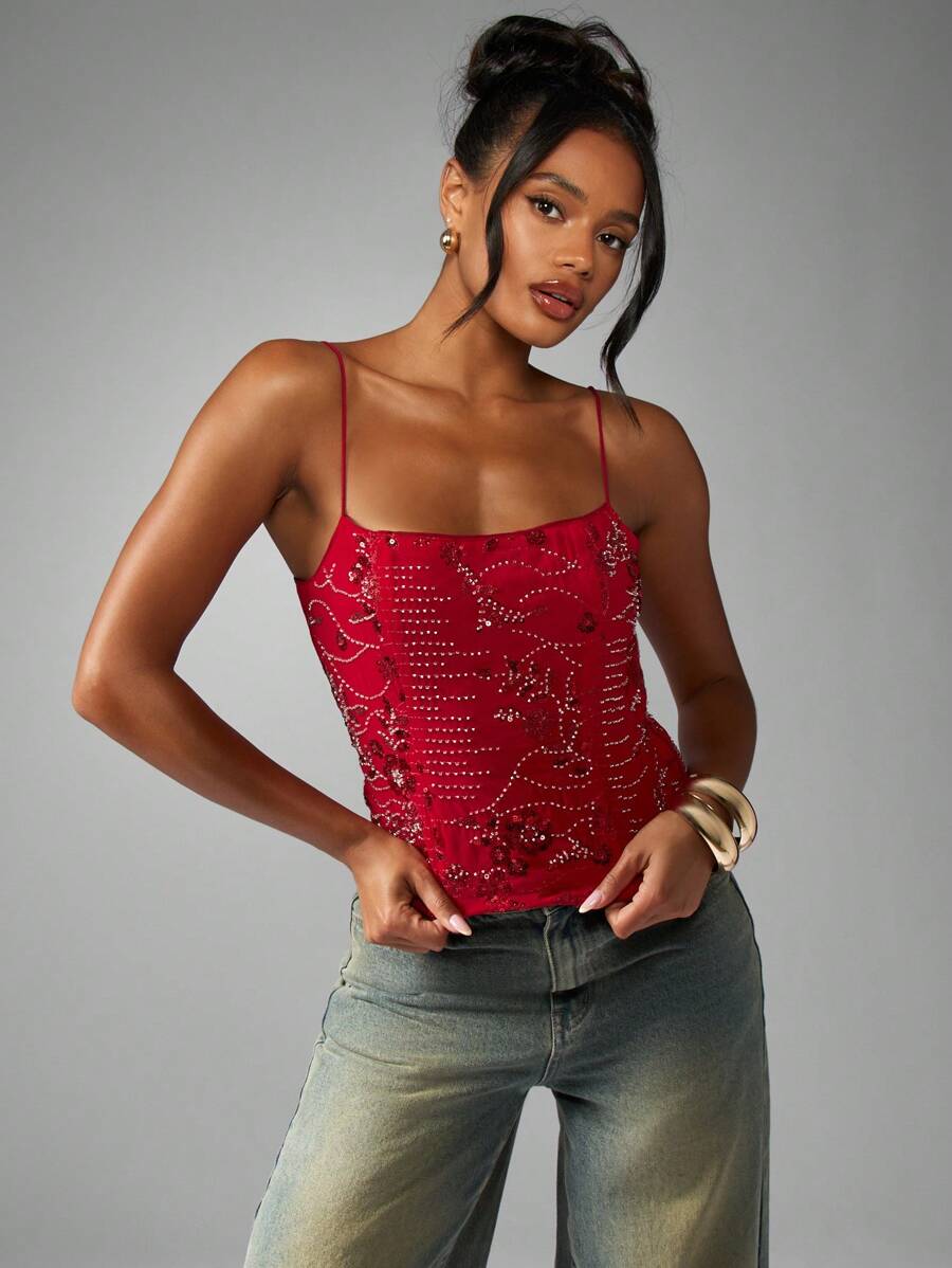 MISSGUIDED 装饰派对吊带上衣 水晶串珠晚装 细肩带 闪亮 特殊场合 夜间外出 优雅背心 - 橘色 - 查看 1