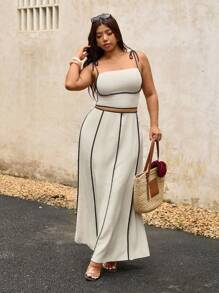 Elaquor 大码度假休闲撞色装饰吊带背心和裙子两件套 - 杏色 - 查看 4