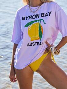 Aralina 女士超大号拜伦湾柠檬图案T恤，适合夏季度假穿着 - 淺灰紫 - 查看 3