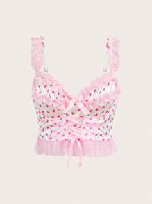 NotGurli Heart Print Underwire Padded Pleated Lace Criss-Cross Bow Mesh Ruffle Slimming Extended Bra, Women Lingerie Bra