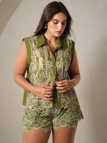 Anewsta Luxury Retro Floral Embroidered Women 2-Piece Set - Green - View 2