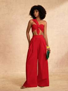 Zivah 新款春夏休闲优雅度假单肩胸前打结吊带设计后背短款上衣+阔腿超长裤白色梭织女两件套-A - 紅色 - 查看 3