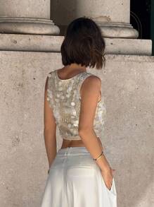 Siren Gaze Áo cánh không tay cổ chữ V lấp lánh viền bất đối xứng cho nữ - Màu be - Xem 9